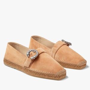 JIMMY CHOO Dru Crystal Embellished Suede Espadrilles Beige Sz 38 EU/8 US